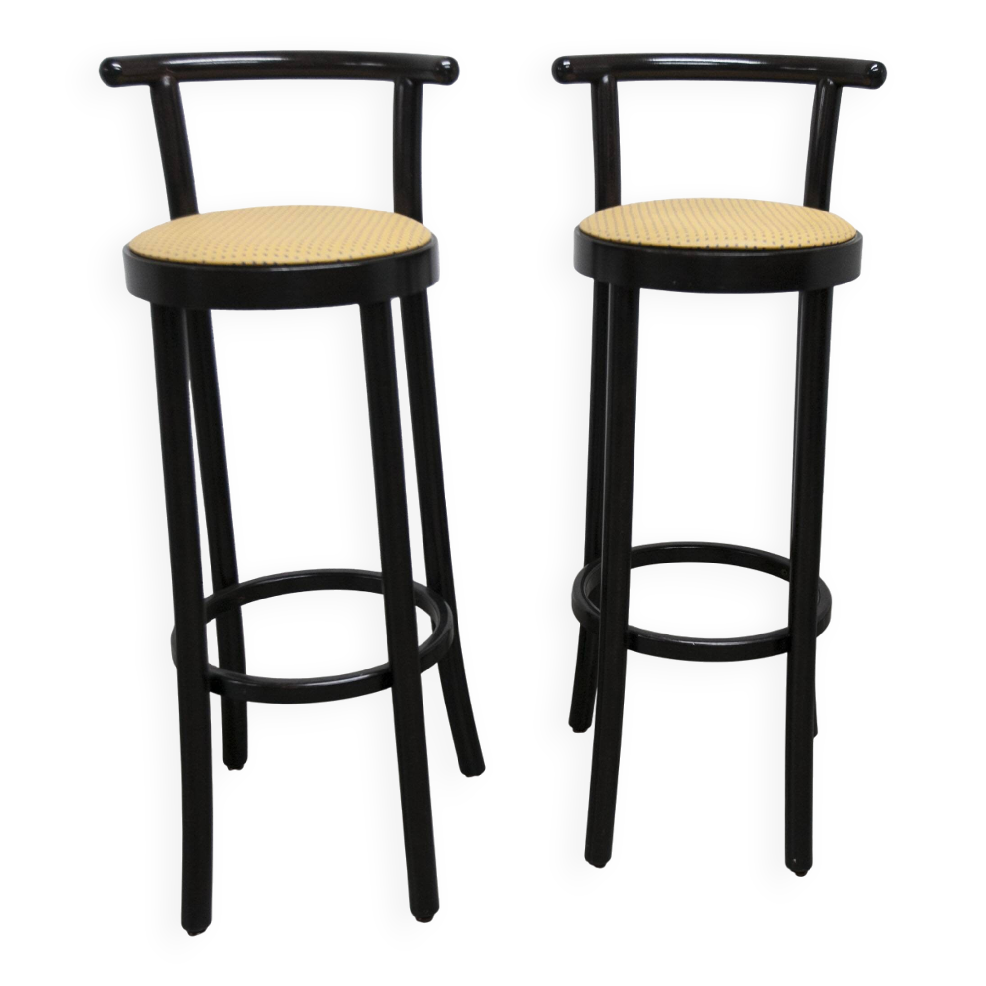Pair of Baumann Dialog model stools in black and yellow and blue imitation leather, 1990
