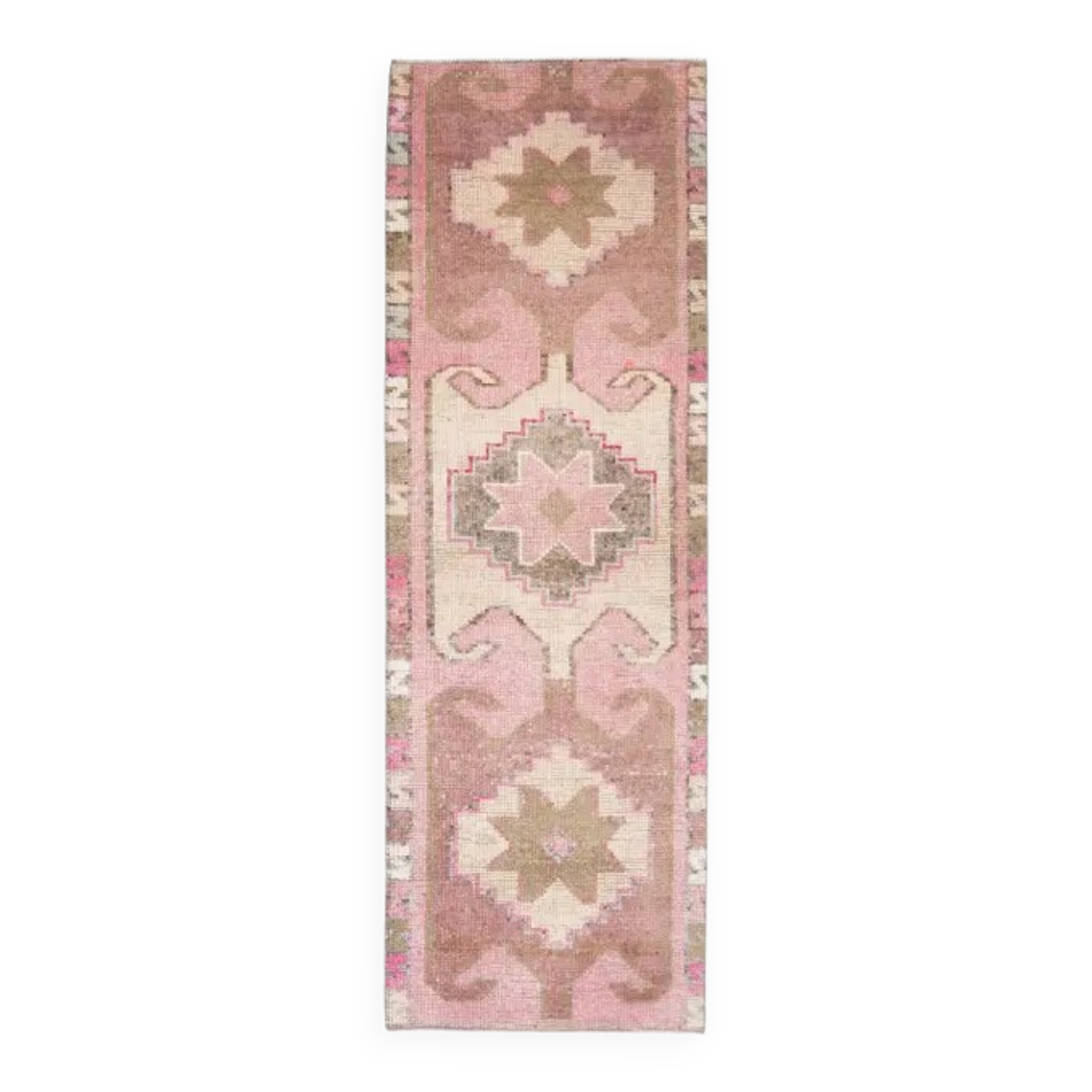Vintage Turkish hand-knotted wool cotton pink runner rug 88x283