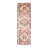 Tapis couloir vintage en laine et coton turc noué à la main rose 88x283