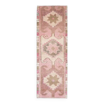Tapis couloir vintage en laine et coton turc noué à la main rose 88x283