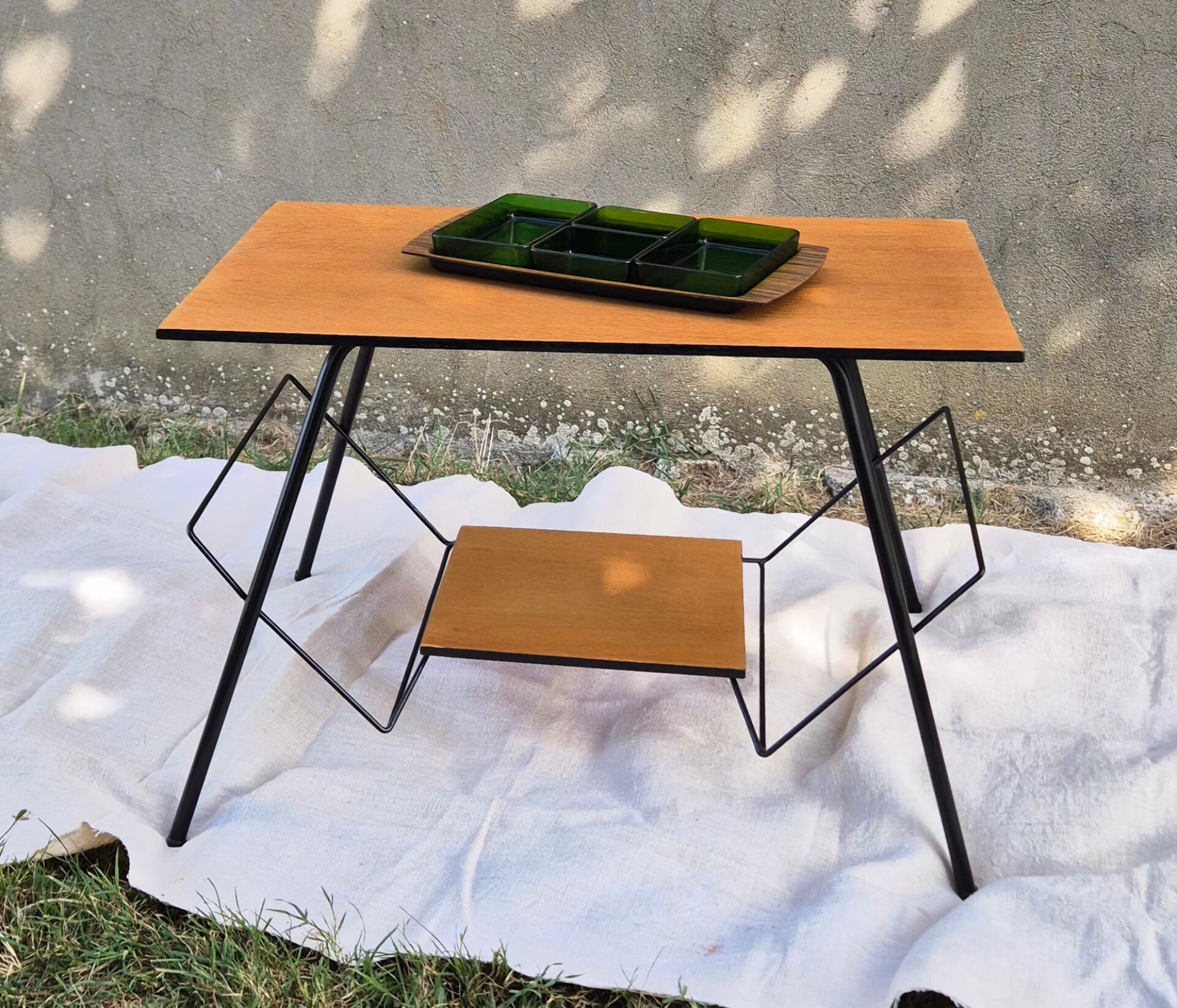 Small table, vintage Scandinavian TV unit in metal and wood, renovated.