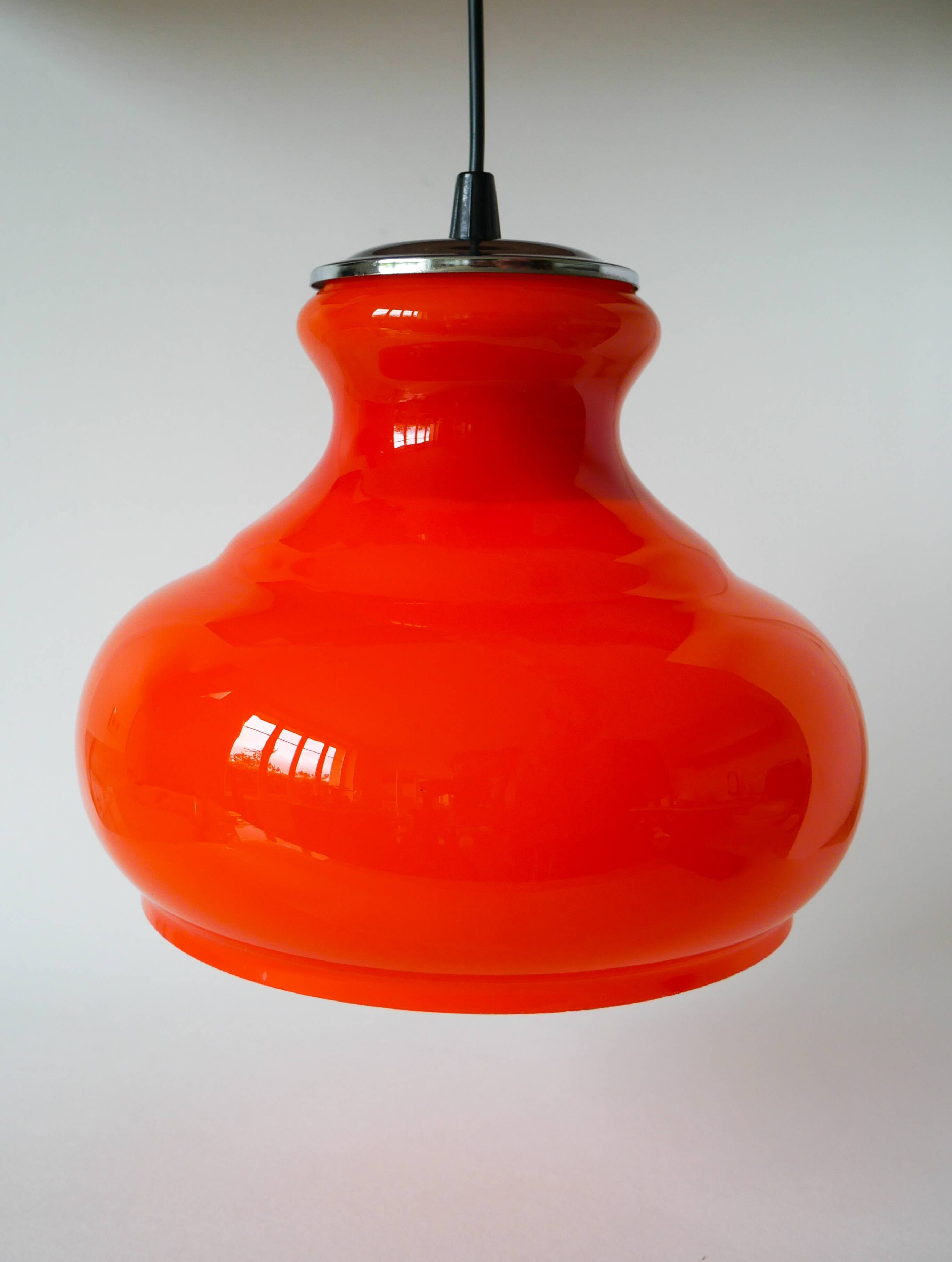 Orange opaline pendant light with metal arch, Design, 1970