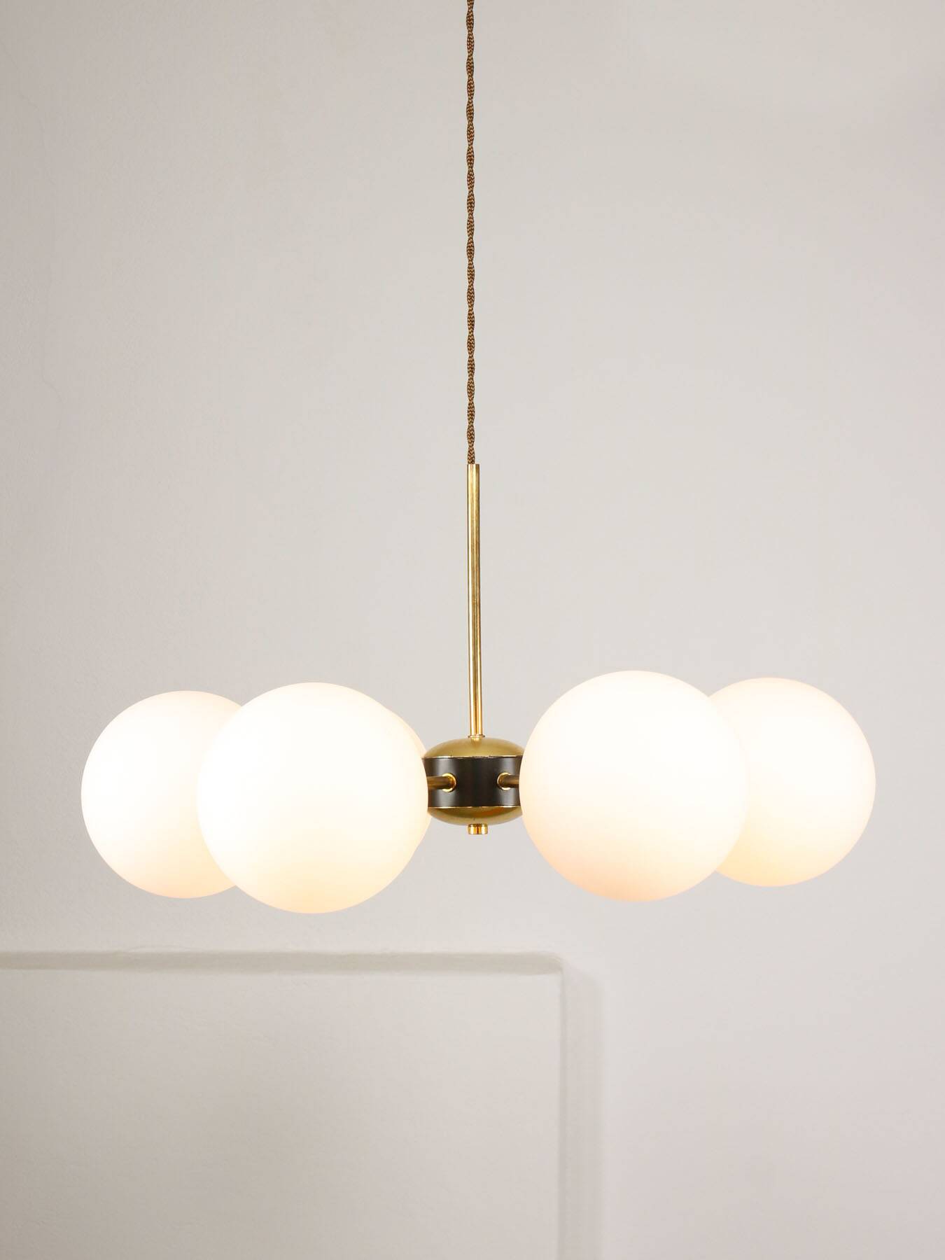Mid-Century Modern Italian 6-Arm Sputnik Chandelier with Opaline Shades, 19