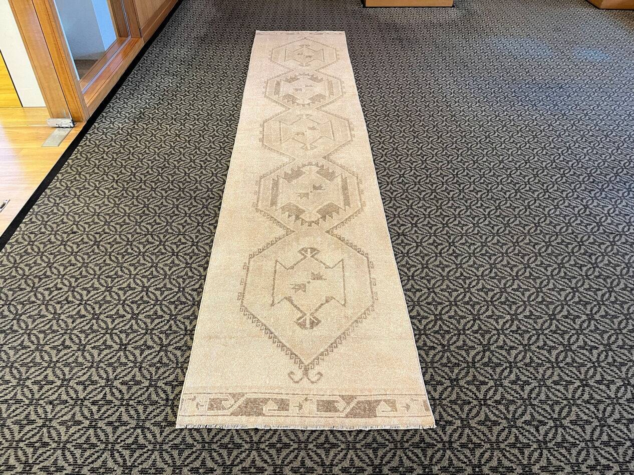 Vintage Handmade Soft Beige and Brown Long Hallway Runner