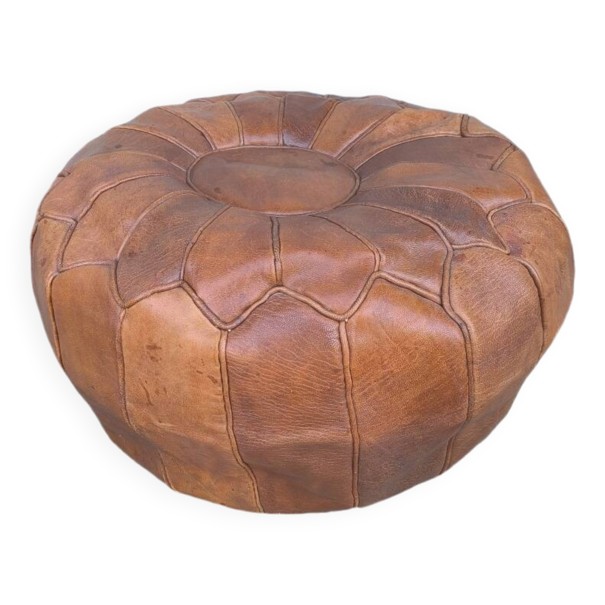 Large round Moroccan leather pouf