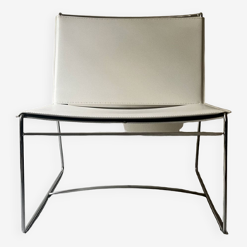 “fil” low chairs in metal and white leather by pascal mourgue for cinna, ligne roset
