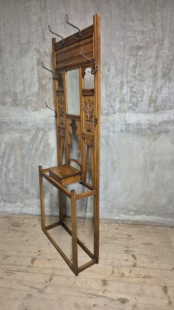 Vintage carved oak hall tree with mirror and coat hooks, early 20th century, 192 × 72 × 24 cm