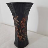 Black octagonal ceramic vase with floral pattern - Signed St Clément - vintage