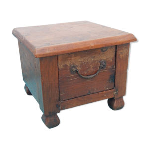 Tabouret tiroir chevet repose plante ancien vieux teck patine marron 30x30x26cm