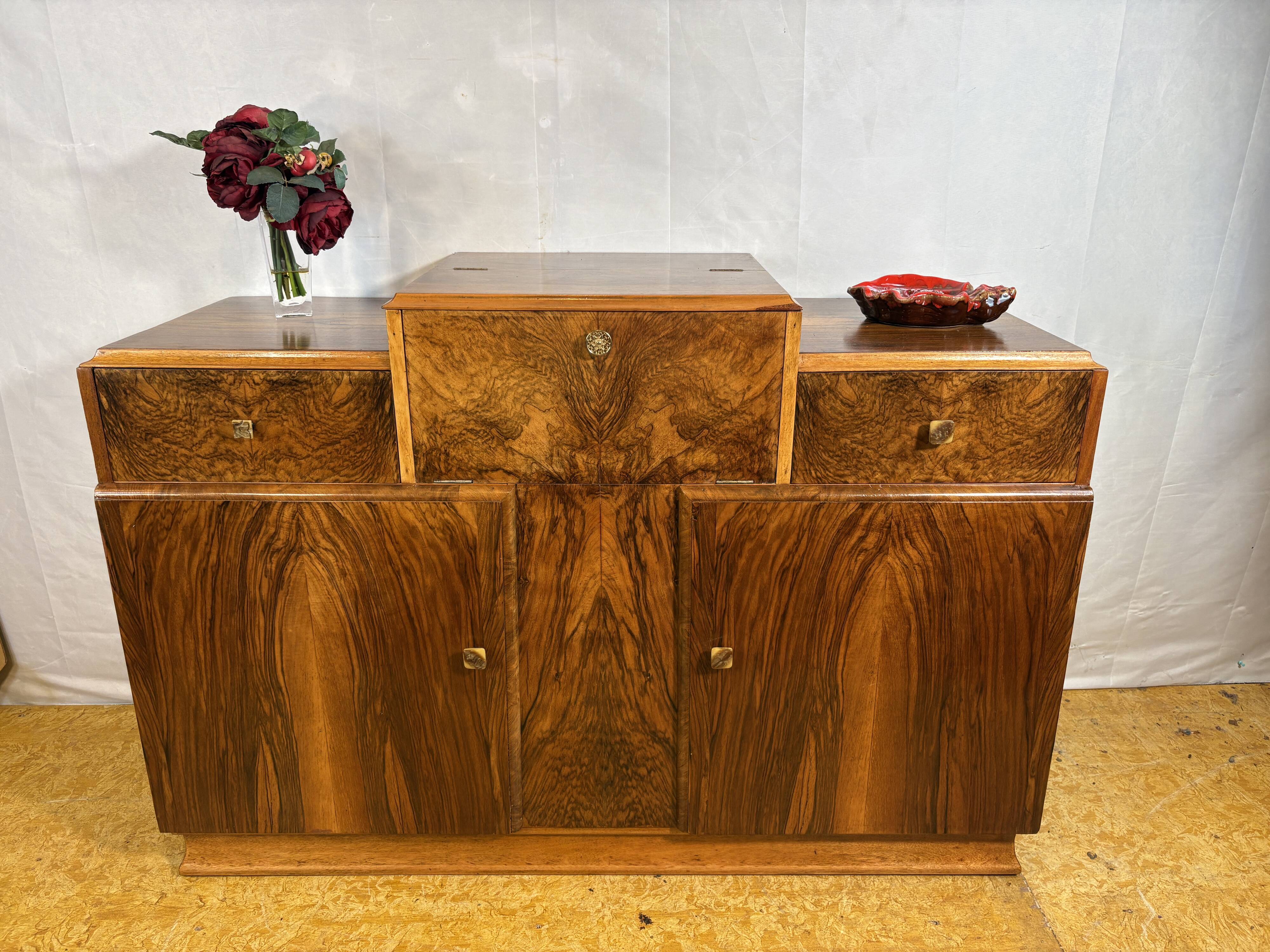 Art Deco English Burr Walnut Cocktail Sideboard – Circa 1930s  A stunning o