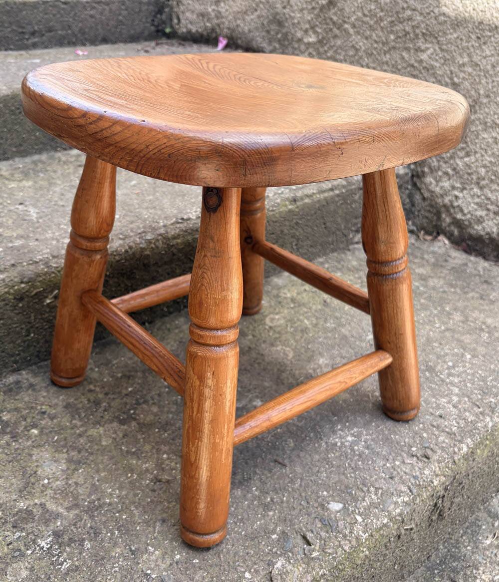 Vintage Rustic Pine Stool with Turned Legs, Chalet Style