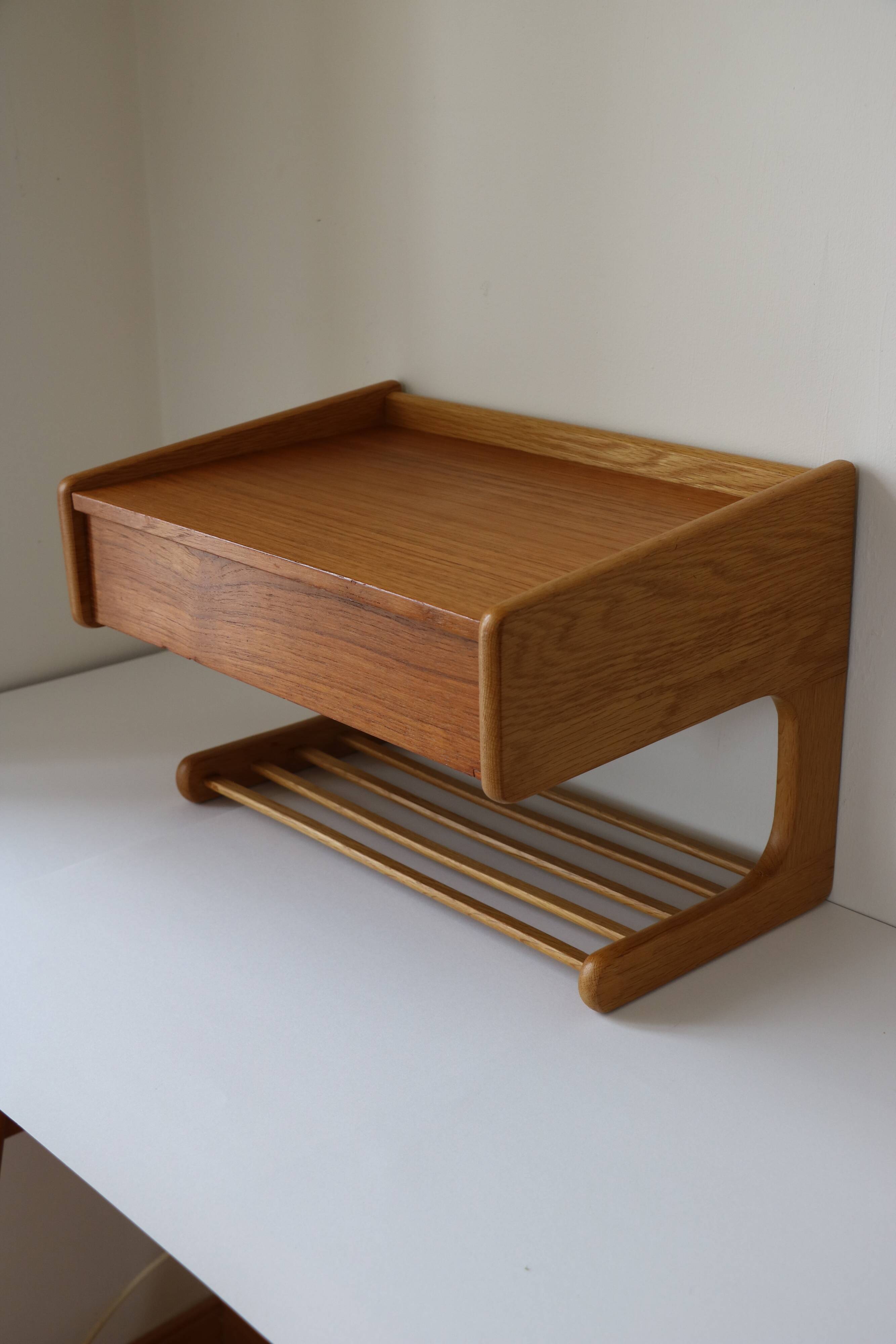 Scandinavian bedside table or wall console, oak and teak 1960
