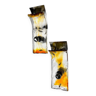 Pair of Murano Mazzega orange & clear glass wall sconces, Italy, 1970s