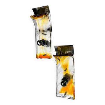 Pair of Murano Mazzega orange & clear glass wall sconces, Italy, 1970s