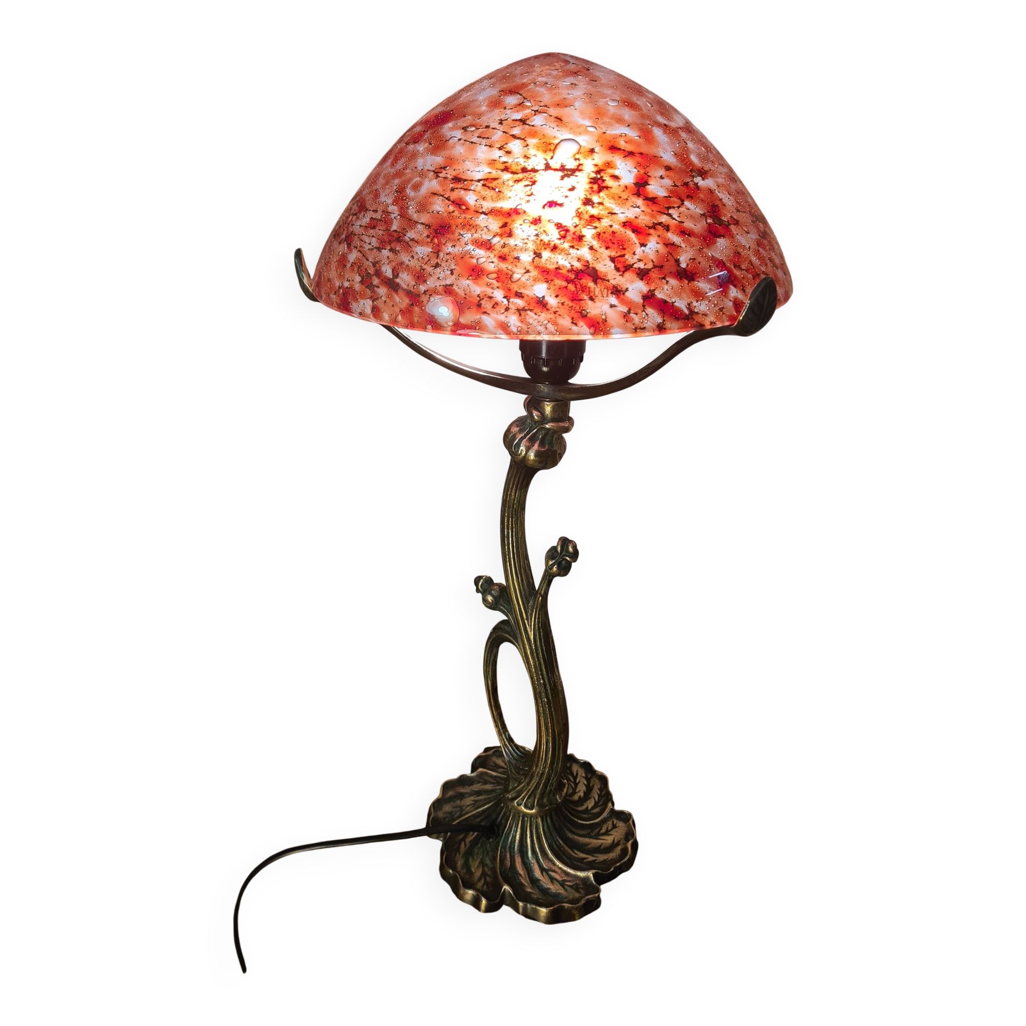 bronze lamp in Art Nouveau style from 1975 to 1985 with a high-quality glass shade