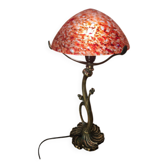 bronze lamp in Art Nouveau style from 1975 to 1985 with a high-quality glass shade