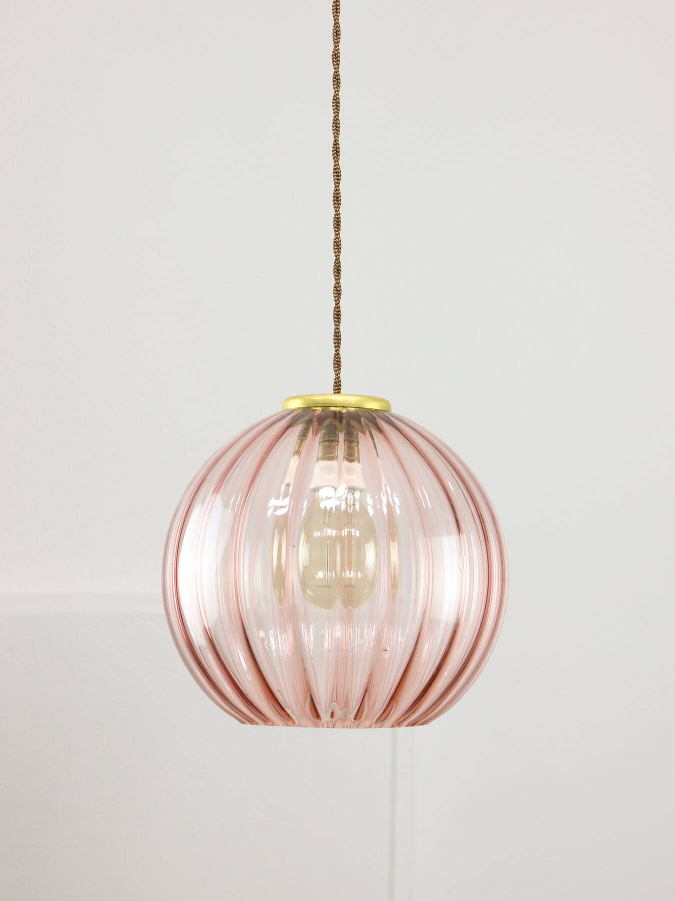 Mid-Century Italian Pink Glass and Brass Pendant Lamp