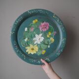 Hand-painted metal serving tray with floral decoration, bohemian country decoration, flea market spirit
