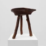 French wabi sabi low tripod stool in solid wood, 1850s