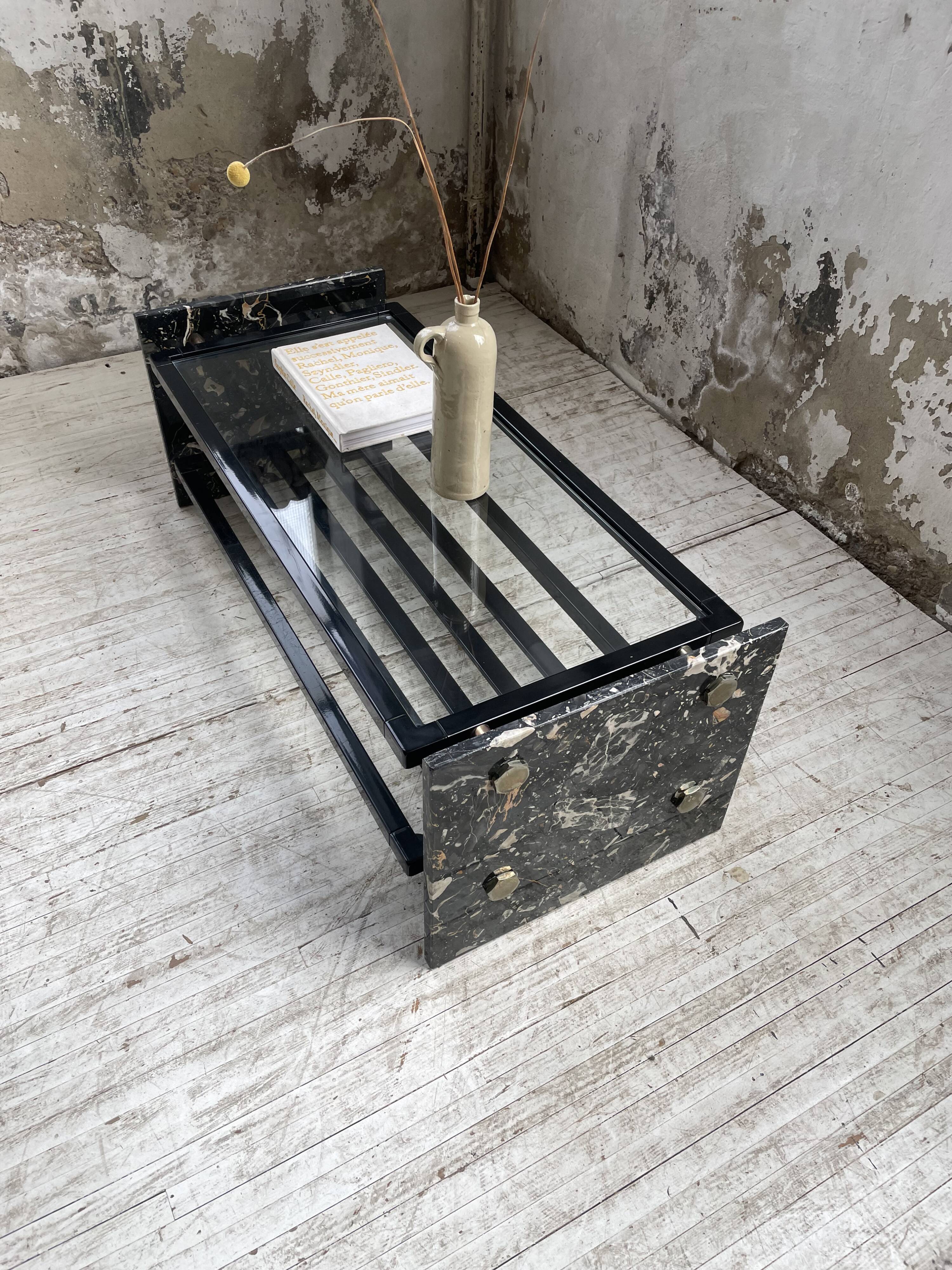 Coffee table year 80 Italian marble and glass