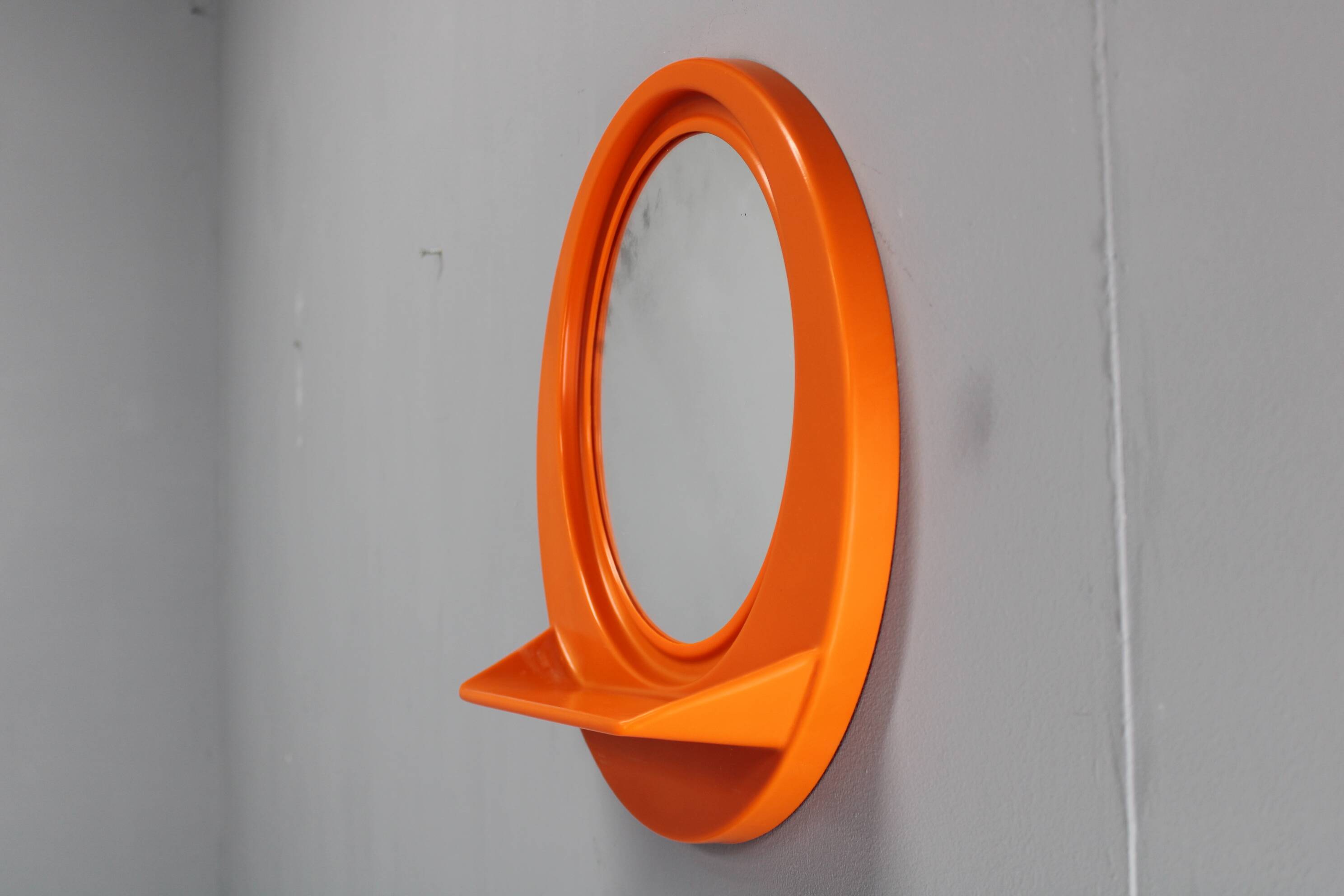 Vintage Italian Space Age round plastic mirror with shelf, 1970s