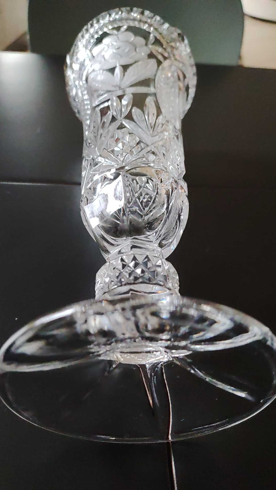 Vintage vase in stylish bohemian chic crystal, floral motifs, braces