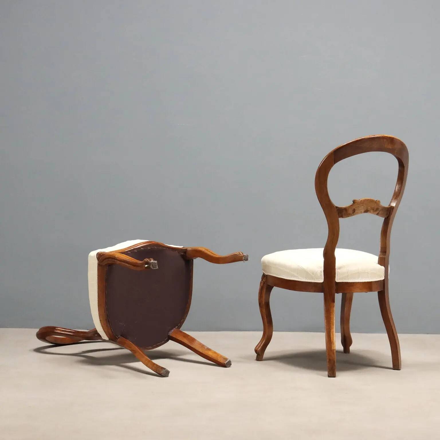 Antique Louis-Philippe chairs in walnut and fabric, Italy, 19th century.