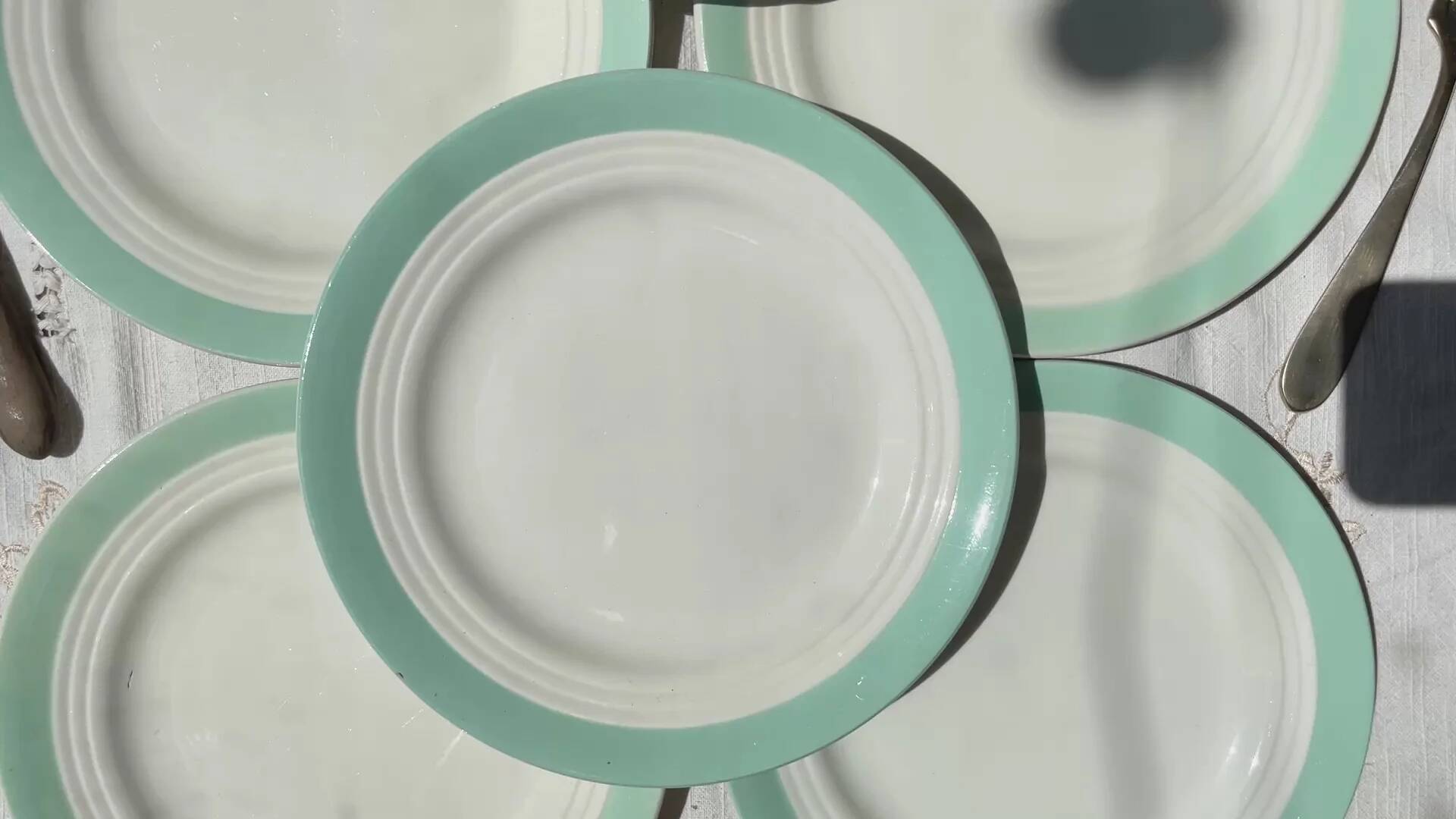 5 petites assiettes vintage en porcelaine française blanches vertes Céranord