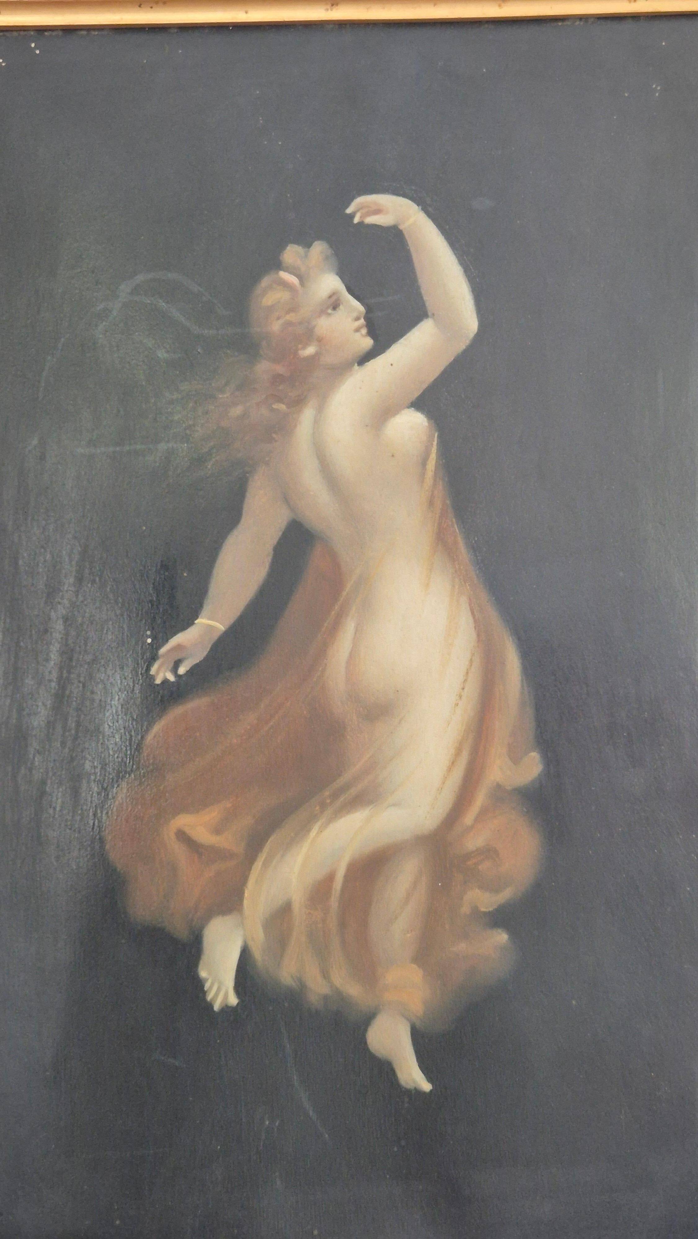 Pair of oil paintings in the neoclassical style depicting dancing nymphs dressed in transparent gowns, dating from the mid-19th century.