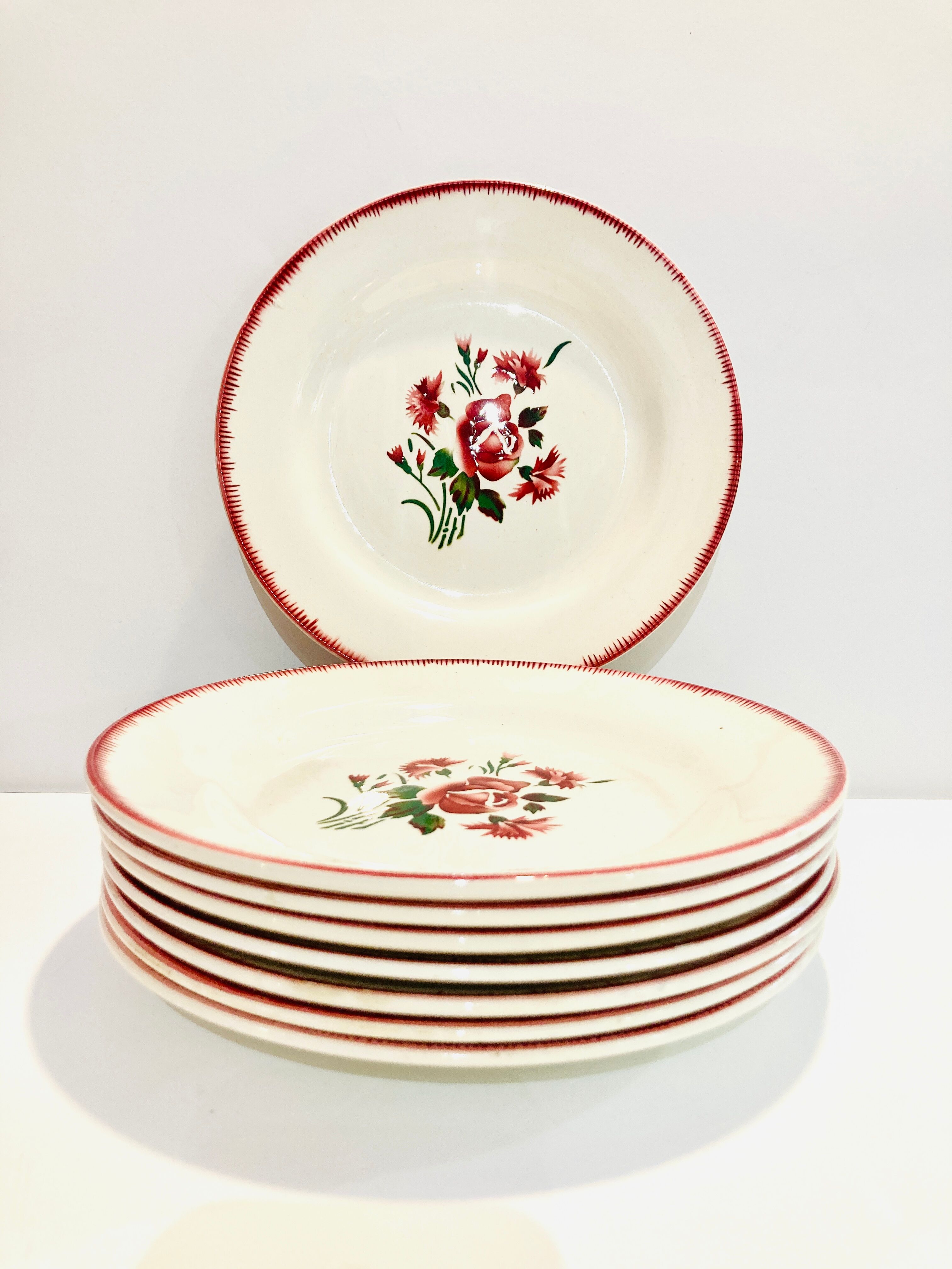 8 plates faience bordeaux-collection bouquet fleuri - digoin sarreguemines -retro-cuisine-vintage