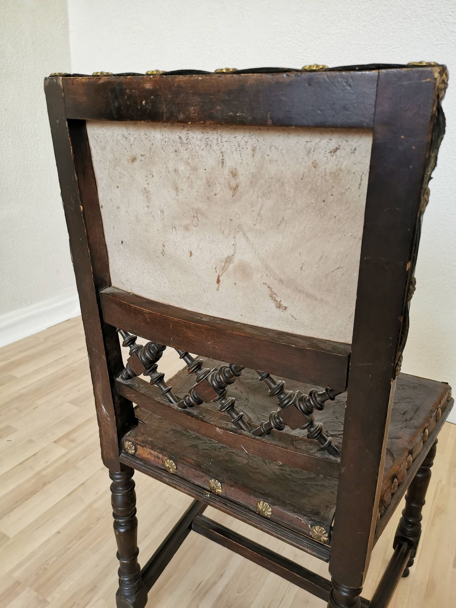 Antique 1930s Leather Dining Chair: Carved Wood Base, Metal Accents