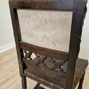 Antique 1930s Leather Dining Chair: Carved Wood Base, Metal Accents