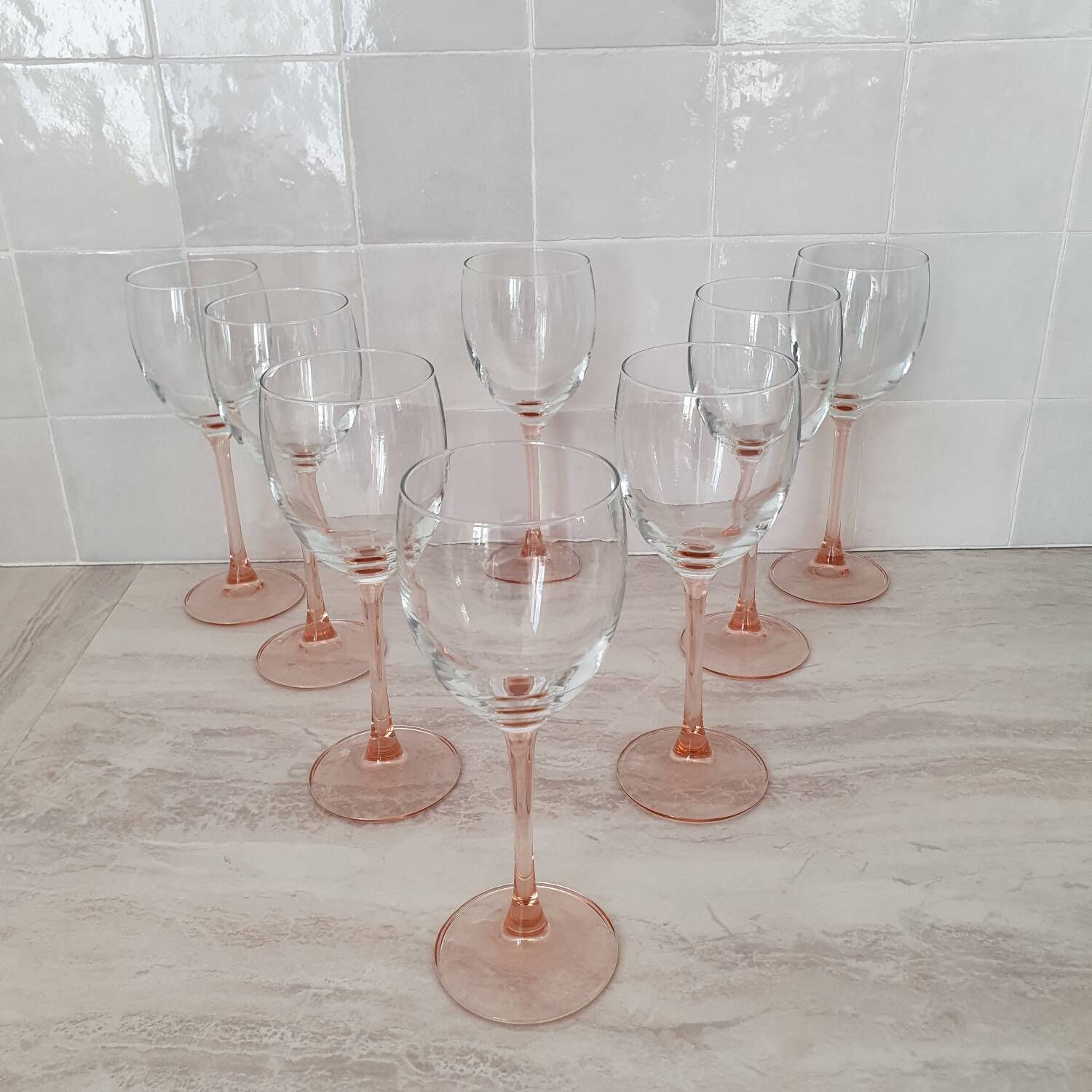 8 Pink Stem Wine/Water Glasses