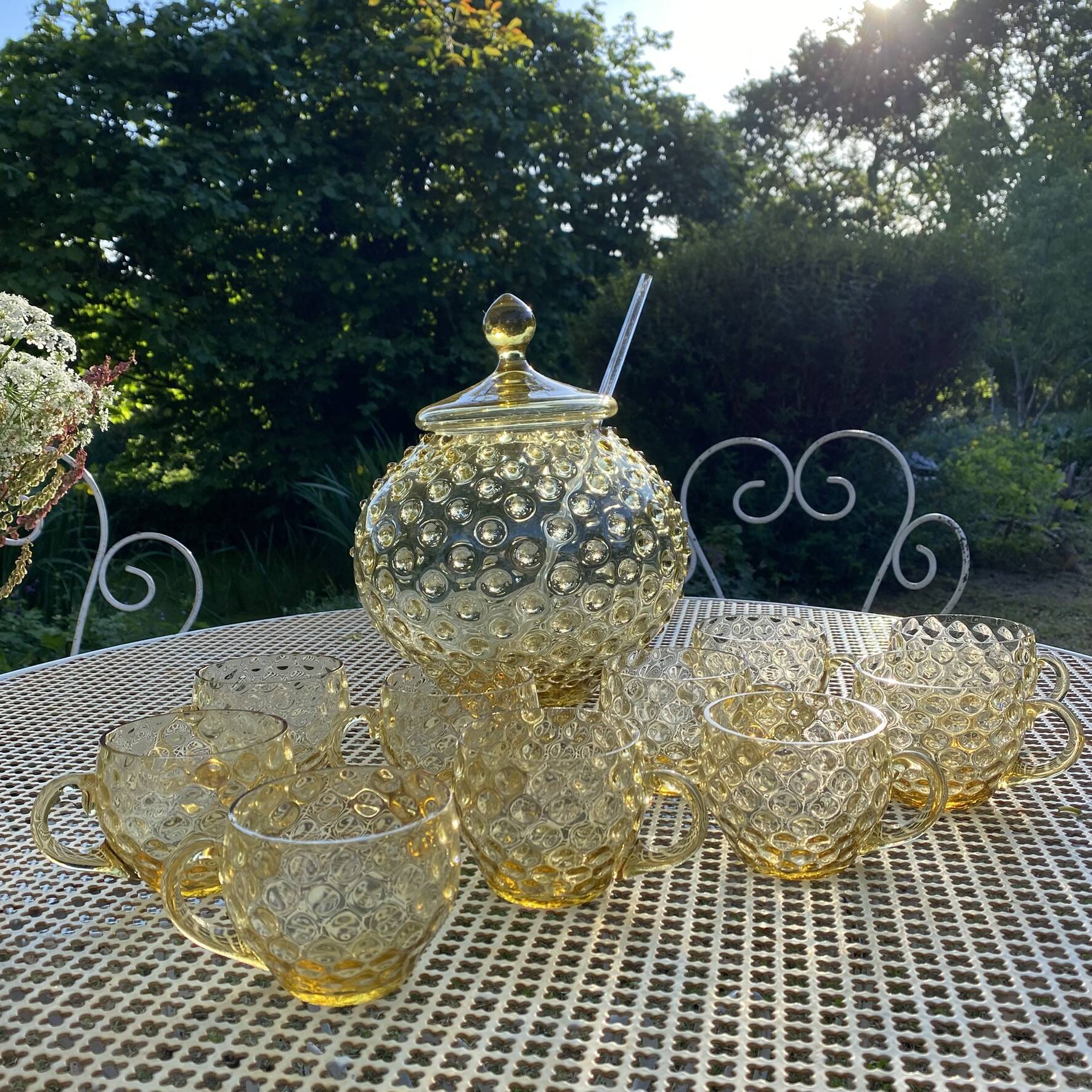 Vintage punch service in amber glass, Empoli style, 1960s-70s.