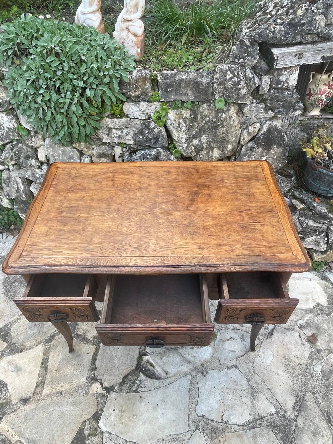 Louis XV style carved solid oak writing table, 19th century