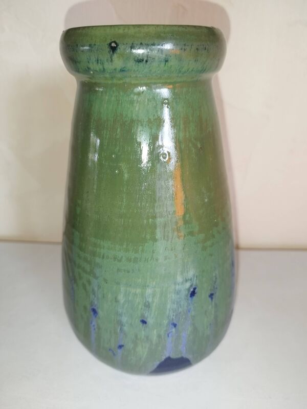 Vase vert et bleu en grès de Puisaye de Léon Pointu