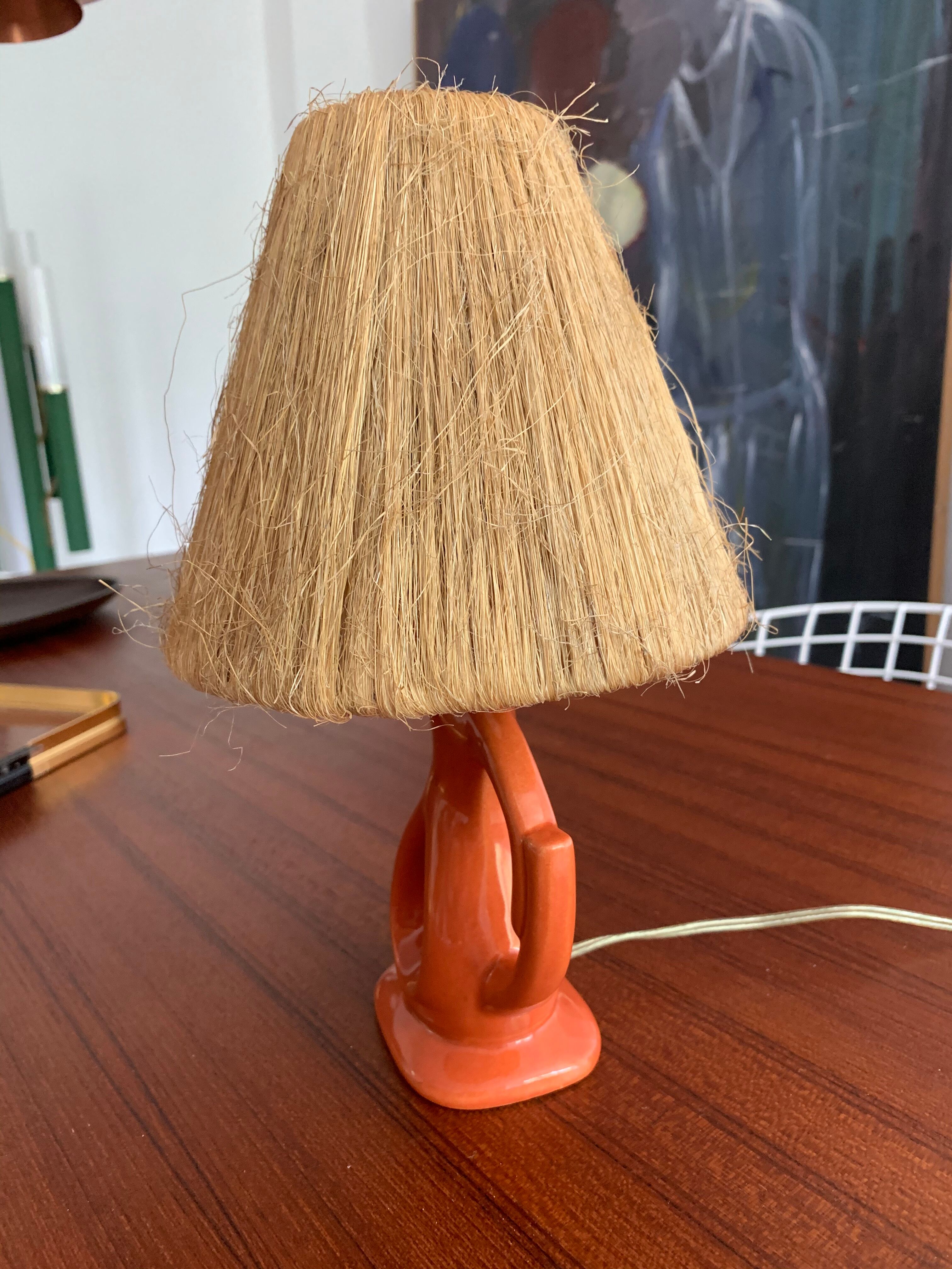 Vintage ceramic and raffia lamp