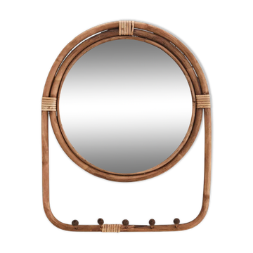Miroir bohème rond en bambou+ 5 patères – 48 × 2 × 63 cm