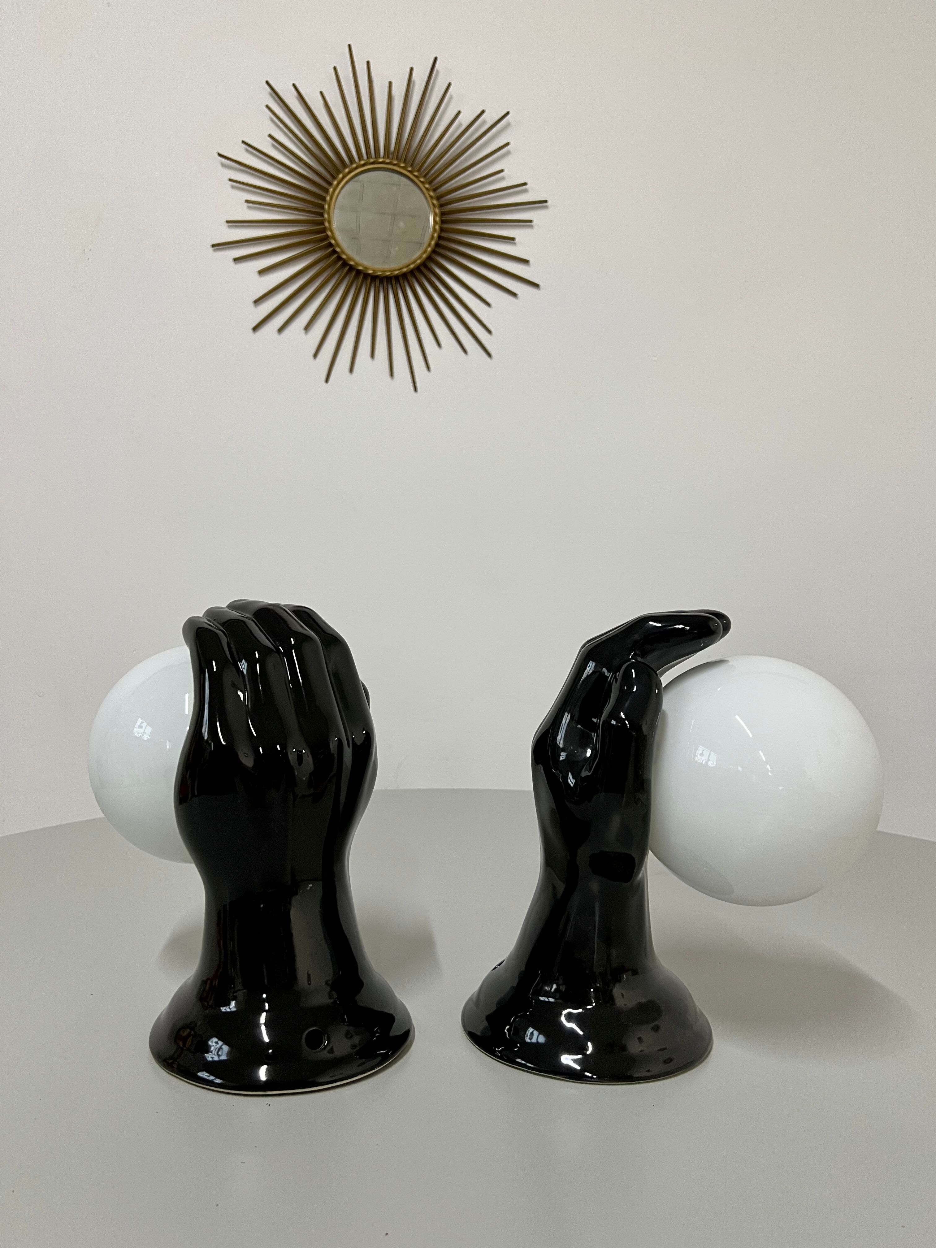 2 black ceramic hand lamps from the 70s / vintage and opaline lamp