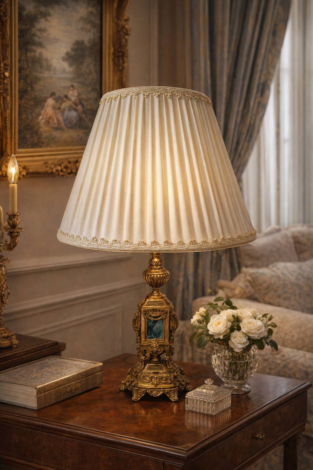 Lampada da Tavolo Vintage Stile Neoclassico in Ottone e Marmo Verde anni '5