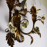 Pair of golden wall sconces and porcelain flowers
