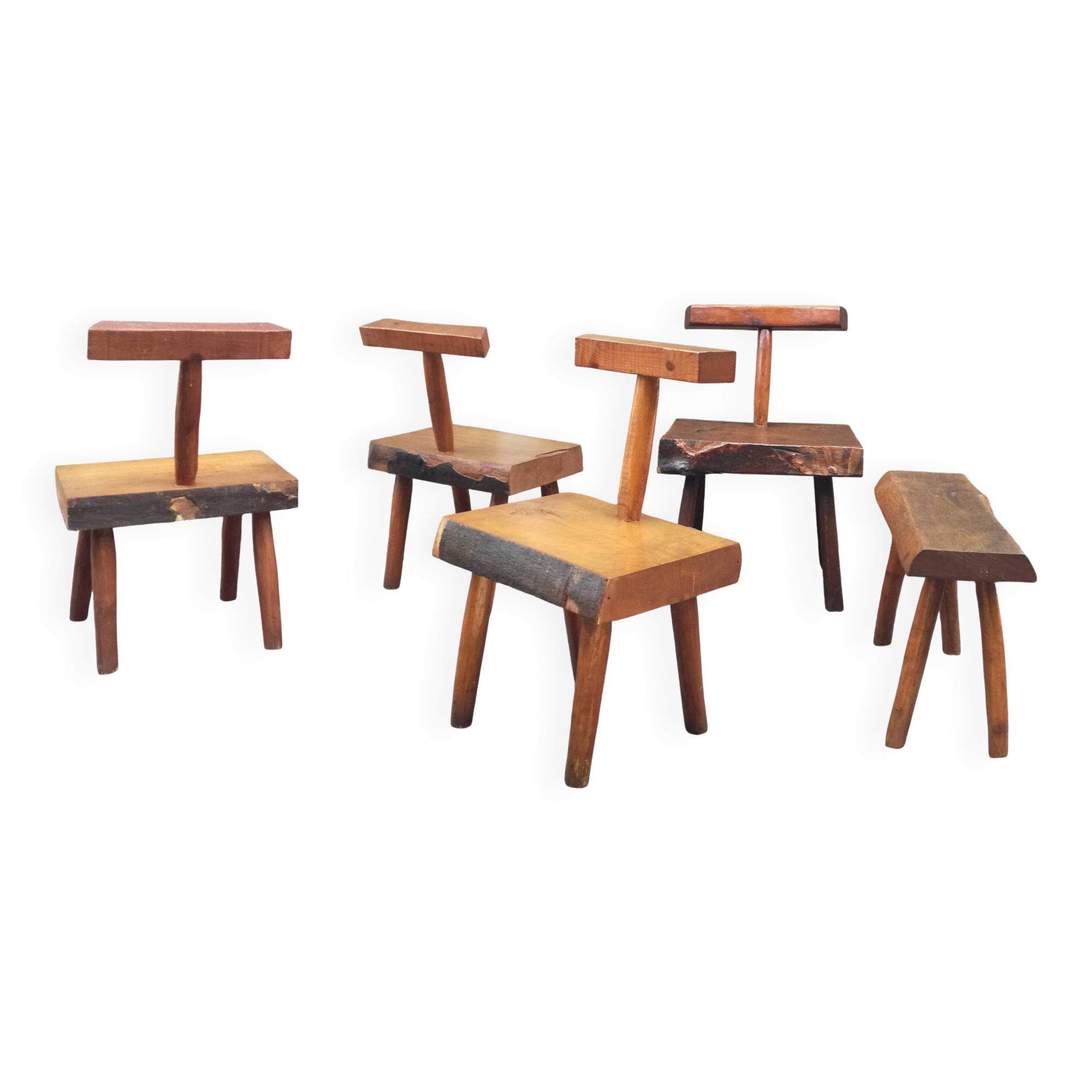 Brutalist handcrafted chairs, France, 1960s, set of 5