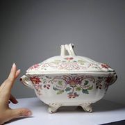 Antique Longchamp soup tureen/vegetable dish with polychrome daisies in ironstone.