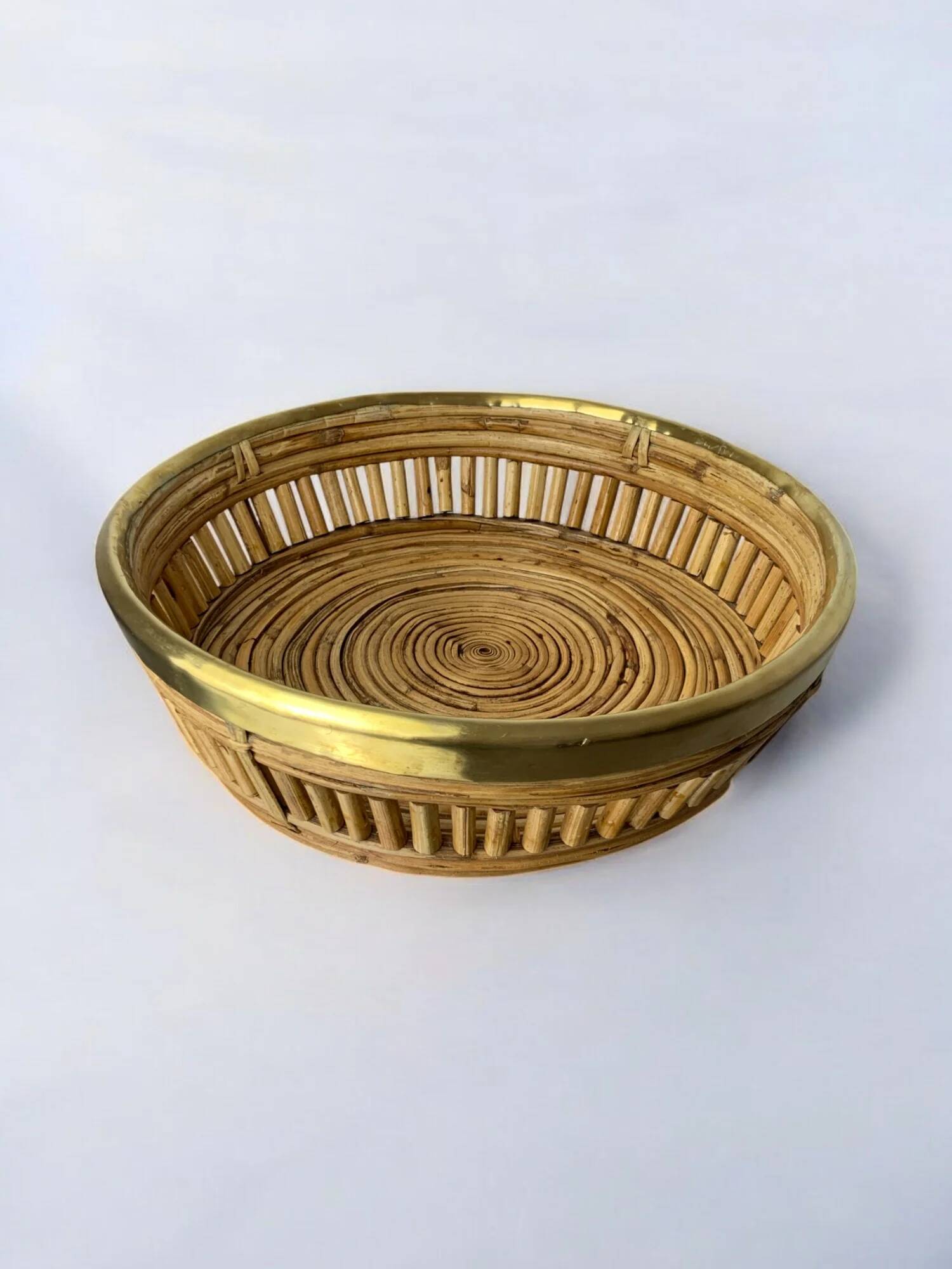 Circular rattan and brass basket, Italy, 1970
