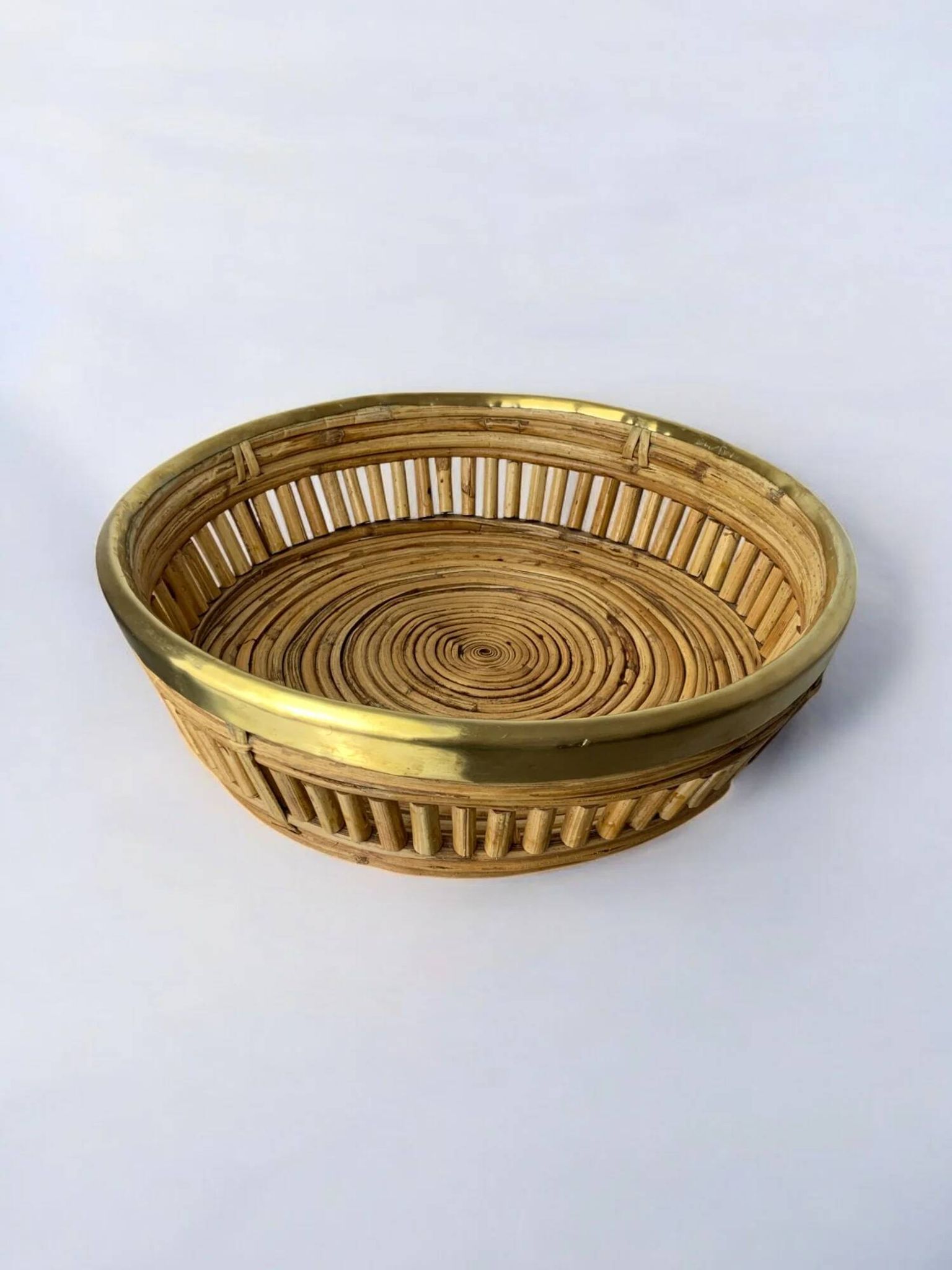 Circular rattan and brass basket, Italy, 1970