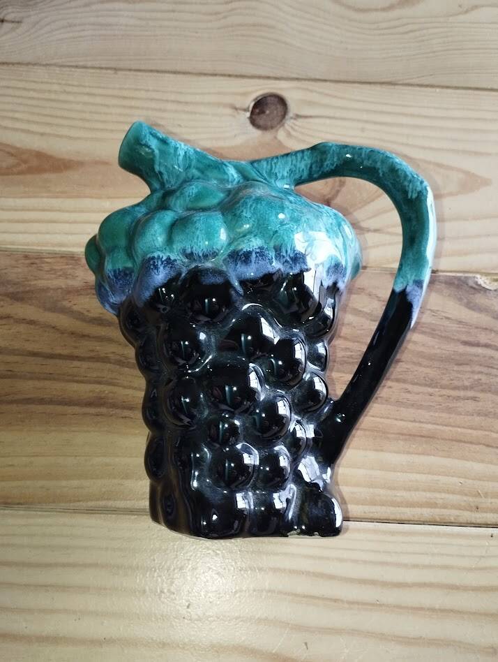 Vintage Vallauris jug in ceramic barbotine with grape decoration – 1950s