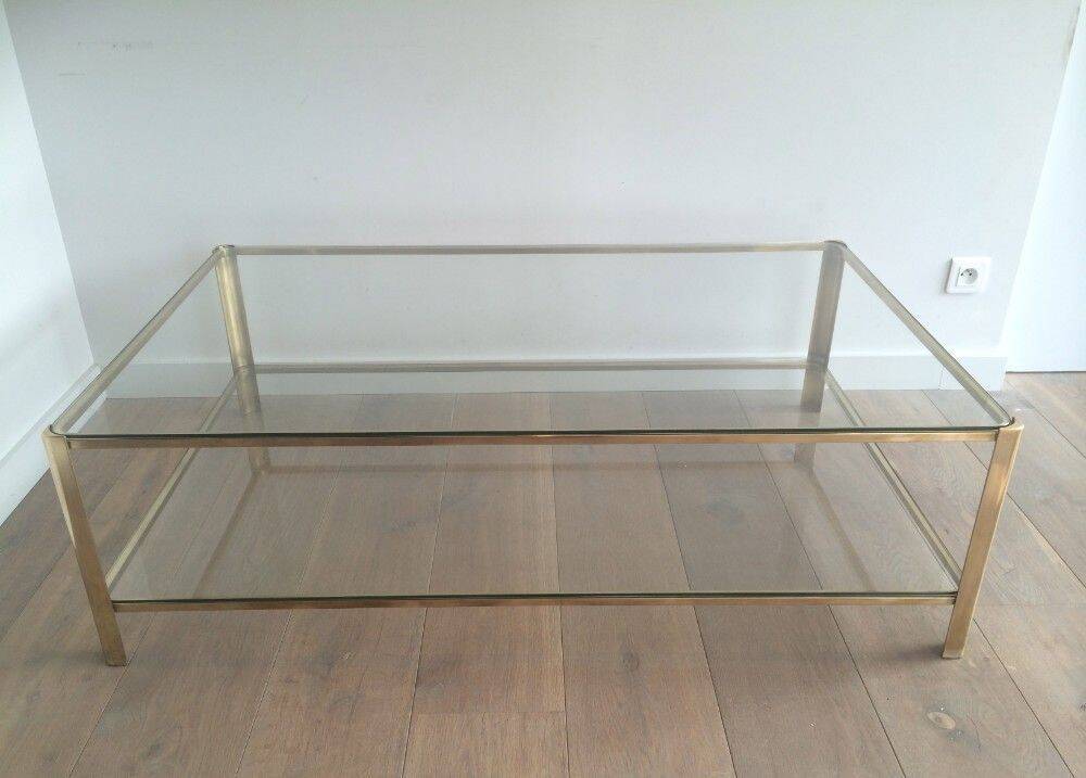 Large coffee table with a double top in polished bronze and glass, signed Jacques Théophile Lepelletier and stamped Broncz.