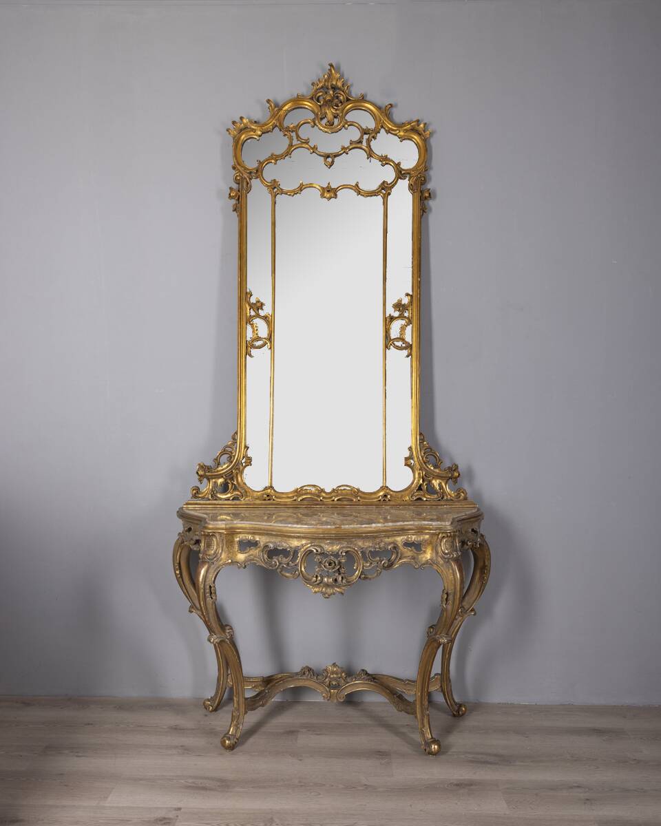 Antique classic console in wood decorated with mirror from the late 19th