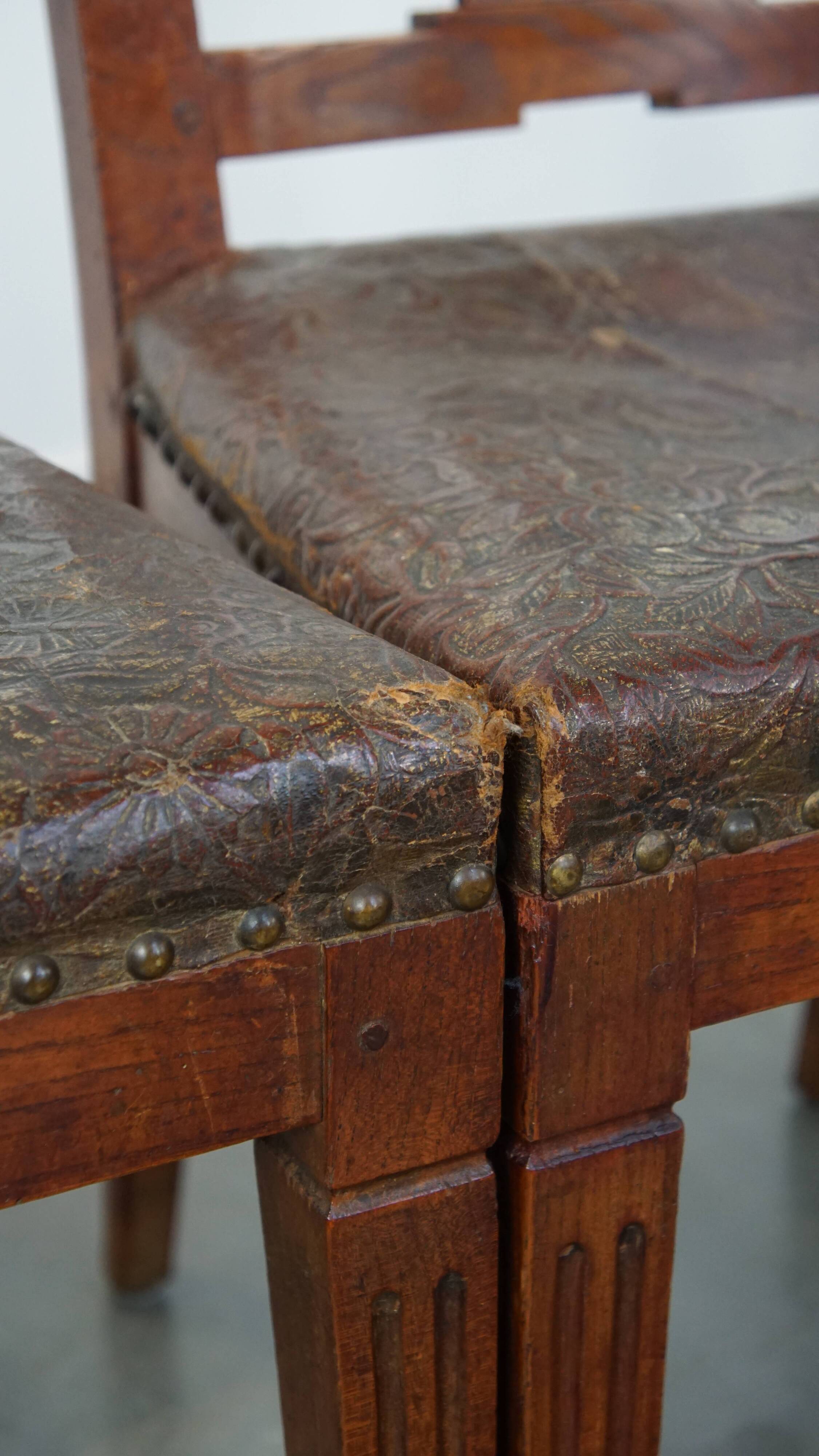Ensemble de 6 chaises de salle à manger en cuir antiques d'origine néerlandaise