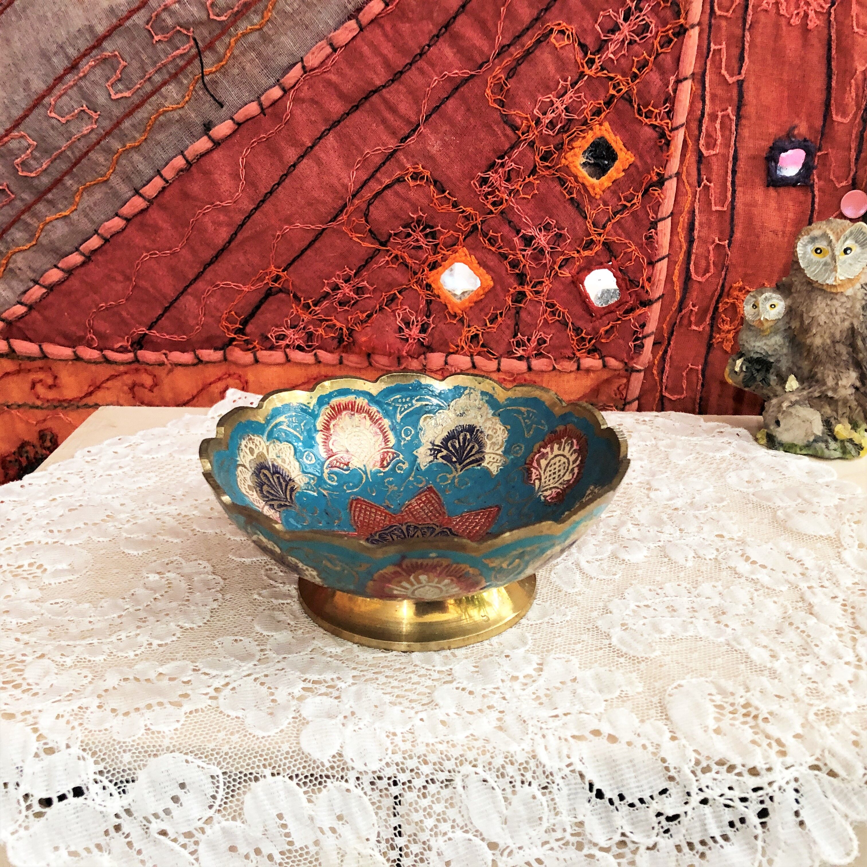 Small empty cup-pocket golden brass chiseled and painted oriental style
